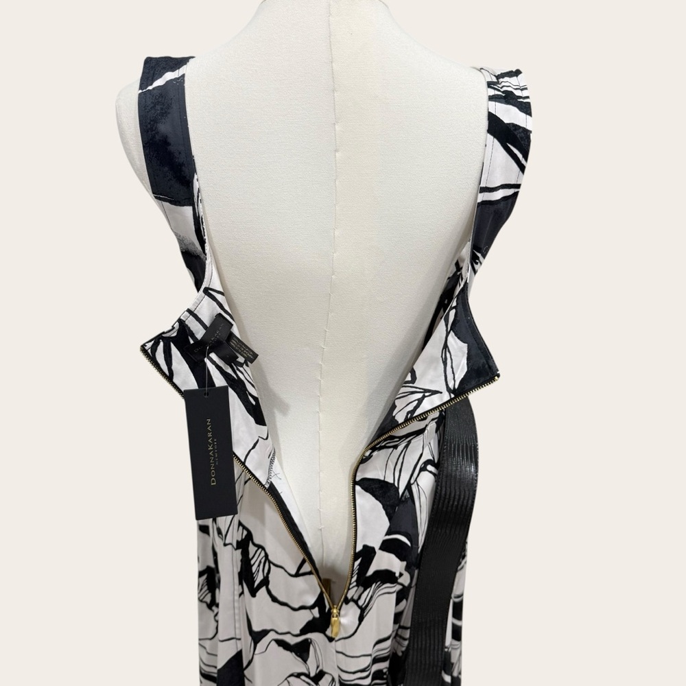 Donna Karan Floral Square Neck Belted Sateen Cotton Midi Dress Black/Pristine - Picture 8 of 16